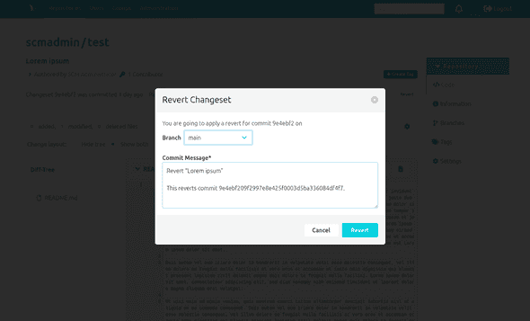 Example of the modal to revert a commit
